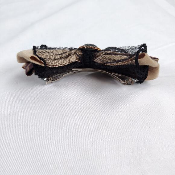 Vintage Dark Romantic Tulle Bow Barrette Made in France Glass Stone